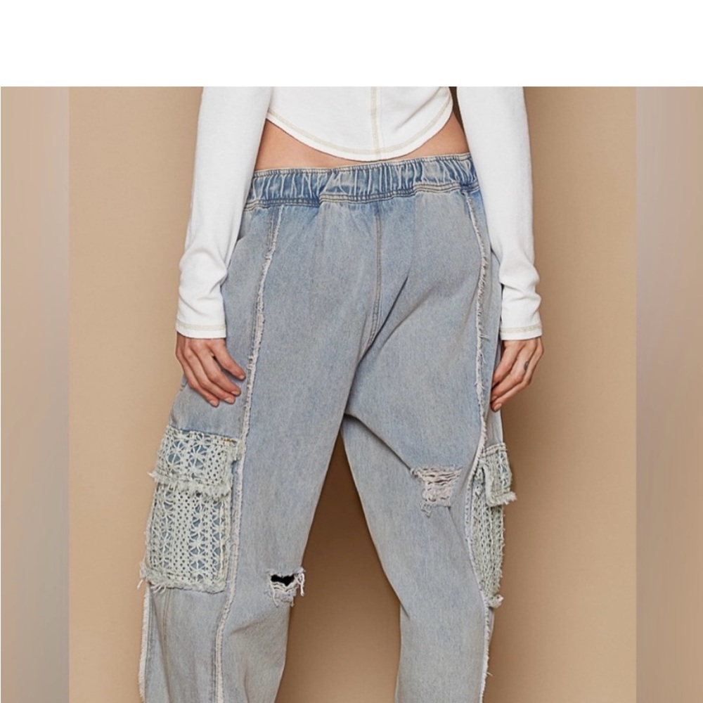 POL Women's Light Blue Jeans with Lace crochet Detail Rebel Joggers Sz S - Picture 2 of 11